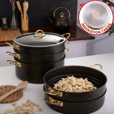 Evren 6 Parça 32 Cm Gold Stone İndüksiyonlu Buharlı Pişirici, Mantı Tencere Seti 9 Lt